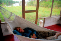 Christi relaxing, Flor de Oro, Noel Kempff Mercado National Park, Bolivia