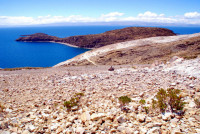 Sapphire waters and agricultural terracing of Isla del Sol, Lake Titicaca, Bolivia, South America