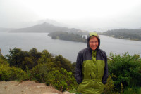 Christi tries to smile despite the shocking weather, circuito chico tour, Bariloche, Argentina