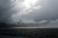 The weather closes in as we negotiate Glacier Alley, Beagle Channel, Tierra del Fuego, Chile