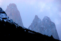 A sneak peak of the eponymous towers through the gloom, Torres del Paine NP, Chile