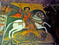 Saint George and the Dragon mural, Debre Birhan Selassie church, Gondar, Ethiopia, Africa