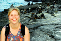 Christi and some curious marine iguanas, Fernadina Island, Galápagos Islands, Ecuador Christi and some curious marine iguanas, Fernadina Island, Galápagos Islands, Ecuador