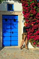 Bougainvillea and cerulean blue doors, Sidi Bou Said, Tunisia, Africa