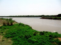 The confluence of the Blue Nile [right] and White Nile [left] from the White Nile Bridge, Sudan, Africa